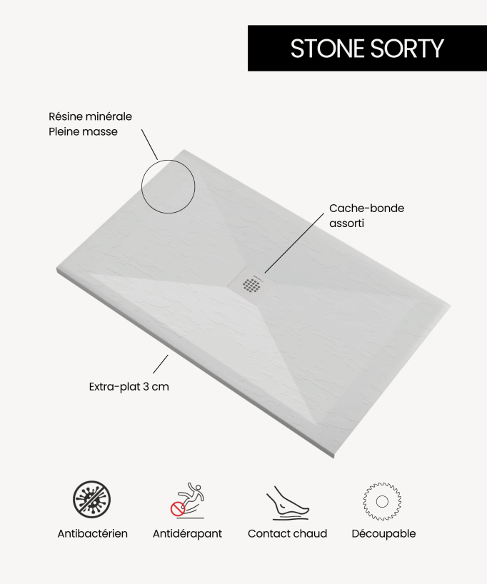 Receveur de douche Gris 7035, finition ardoise Stone SORTY, grille de couleur