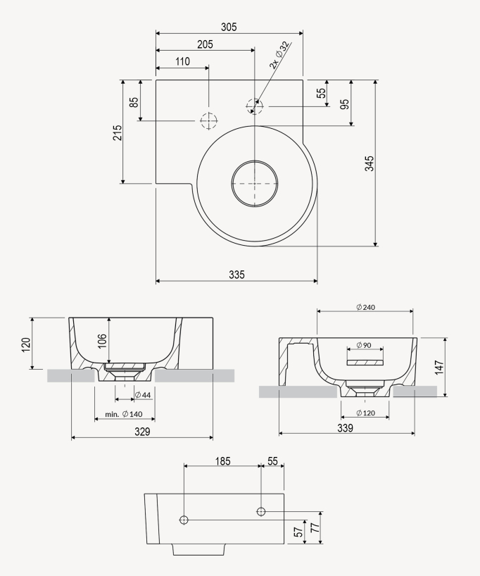 Ovo - Round Wall-Hung Cloakroom Basin - Grey